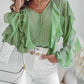 V Neck Shoulder Asymmetrical Ruffles Blouse Casual Button Front Long Sleeve Top