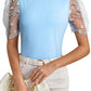 Beau Blue Floral Mesh Puff Sleeve Crew Neck Top