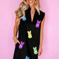 Black Sequin Bunny Doll Graphic Collared Sleeveless Mini Dress