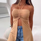 Halter Bandeau Ruched Tank Casual Slit Sleeveless Long Top