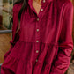 Burgundy Corduroy Ruffle Tiered Buttoned O Neck Shirt