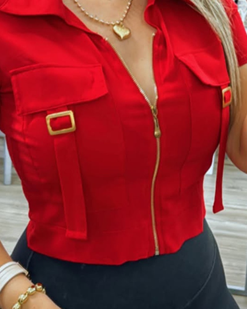 Turn down Collar Front Zipper Short Sleeve Buckle Blouse Casual Top
