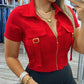 Turn down Collar Front Zipper Short Sleeve Buckle Blouse Casual Top