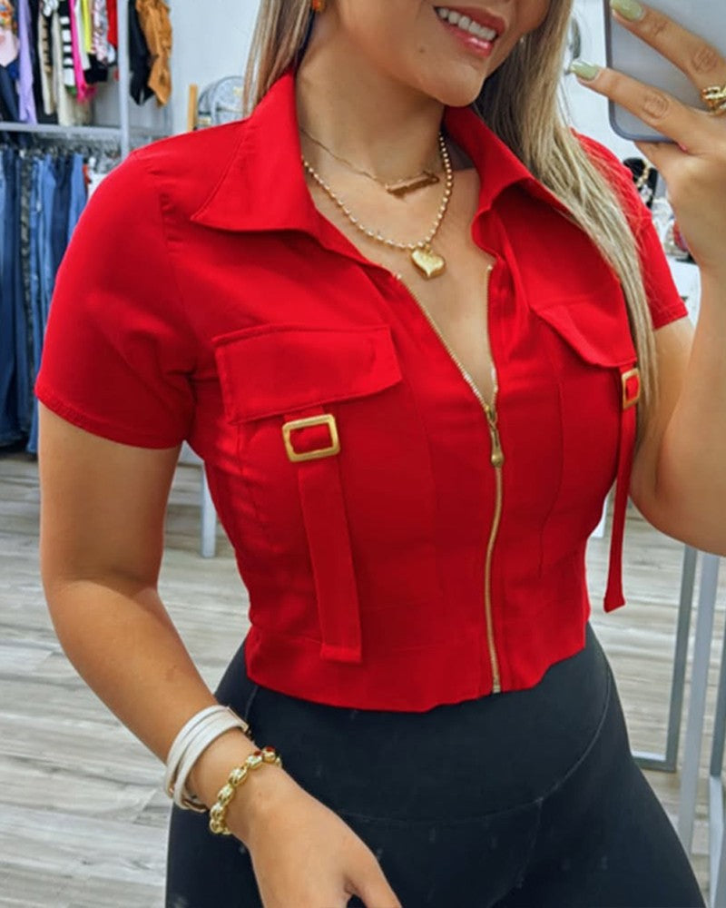 Turn down Collar Front Zipper Short Sleeve Buckle Blouse Casual Top