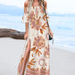 Tribal Print Off Shoulder Shirred Maxi Dress Bell Sleeve Side Split Vacation Dress