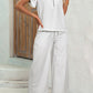 Gray Stripe Zipped up Collar Ruffled Sleeve Tee and Wide Leg Pants 2pcs Outfit