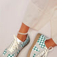 Sea Green Checkered PU Leather Lace-up Flat Shoes