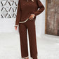 2PCS Round Neck Long Sleeve Slit Top & Straight Leg Pants Set