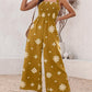 Embroidery Patchwork Thick Strap Square Neck Shirred Jumpsuit Wide Leg Vacation Overalls with Pockets