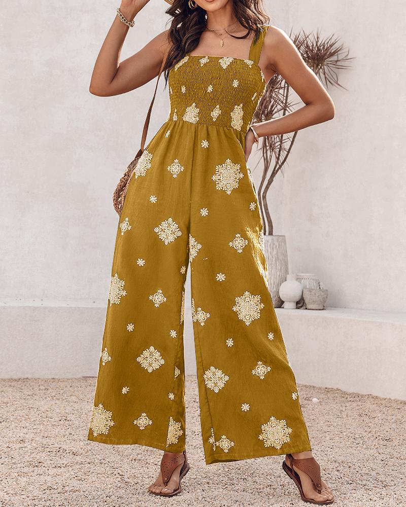 Embroidery Patchwork Thick Strap Square Neck Shirred Jumpsuit Wide Leg Vacation Overalls with Pockets