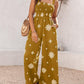 Embroidery Patchwork Thick Strap Square Neck Shirred Jumpsuit Wide Leg Vacation Overalls with Pockets