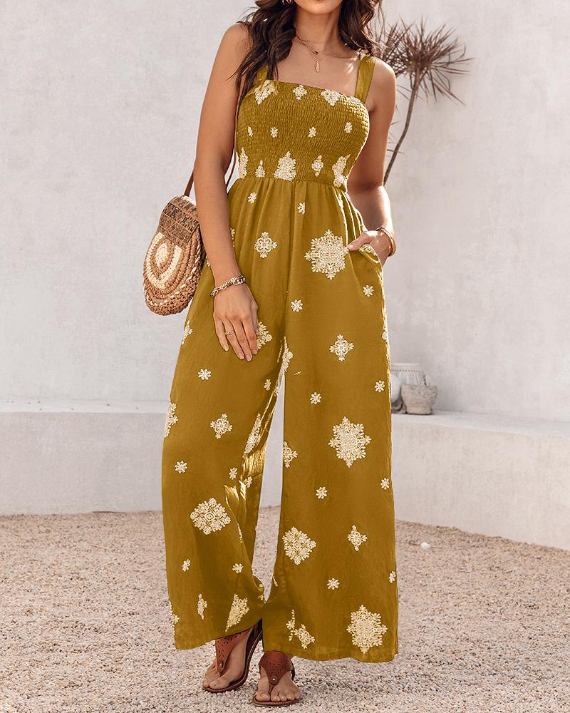 Embroidery Patchwork Thick Strap Square Neck Shirred Jumpsuit Wide Leg Vacation Overalls with Pockets