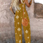 Embroidery Patchwork Thick Strap Square Neck Shirred Jumpsuit Wide Leg Vacation Overalls with Pockets