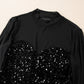 Black Sequin Velvet Sheer Mesh Mock Neck Blouse