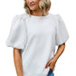 White Solid Textured O Neck Puff Sleeve Blouse