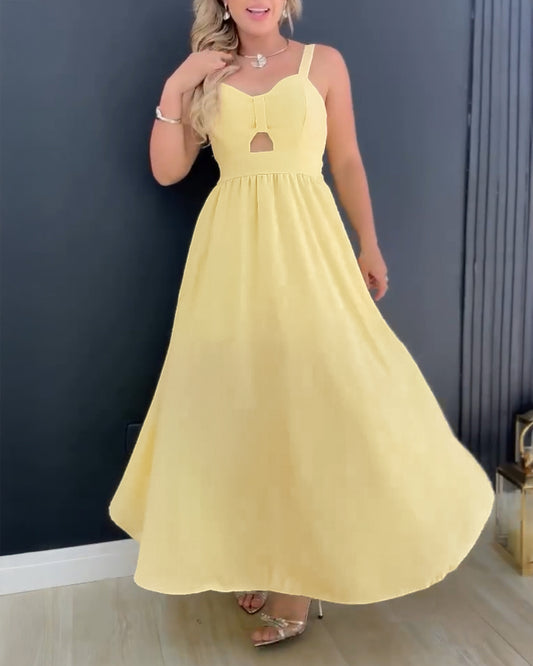 Plain Tied Detail Hollow out A Line Dress Casual Waist Spaghetti Strap Maxi Dress