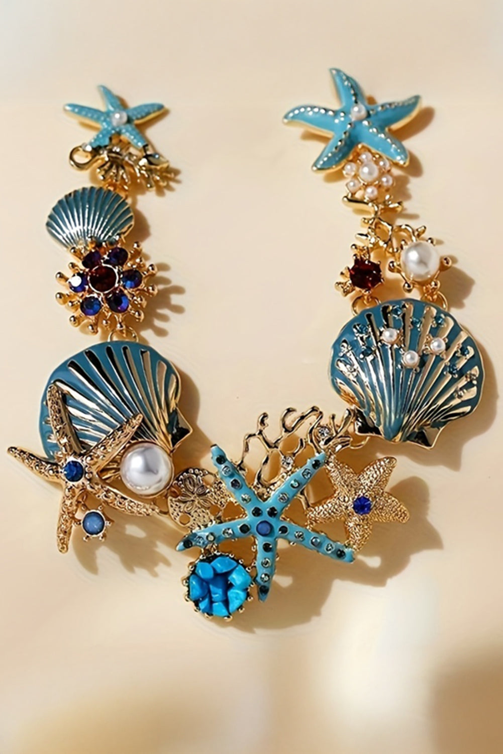 Light Blue Seashell Starfish Pearl Decor Alloy Adjustable Necklace