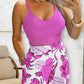 2 Piece Floral Print U Neck Spaghetti Strap Top High Waist Wide Leg Vacation Pants Set with Pocket