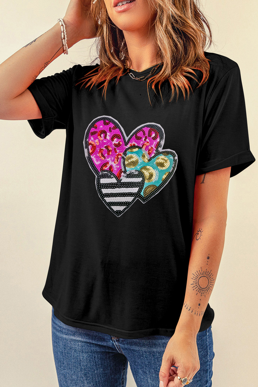 Black Trio Heart Patched Valentines Fashion Tee