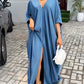 Slit Front V Neck Casual Loose Maxi Dress