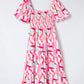 Pink Brush Stroke Printed Smocked Ruffle Tiered Dress