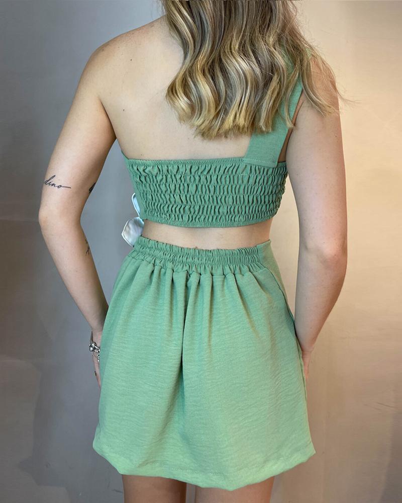 Colorblock 3D Flower Decor One Shoulder Sleeveless Dress Sexy Waist Hollow Out Slim Fit A Line Dress