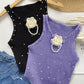 Floral Pattern Rhinestone Pearls Decor Knit Tank Top