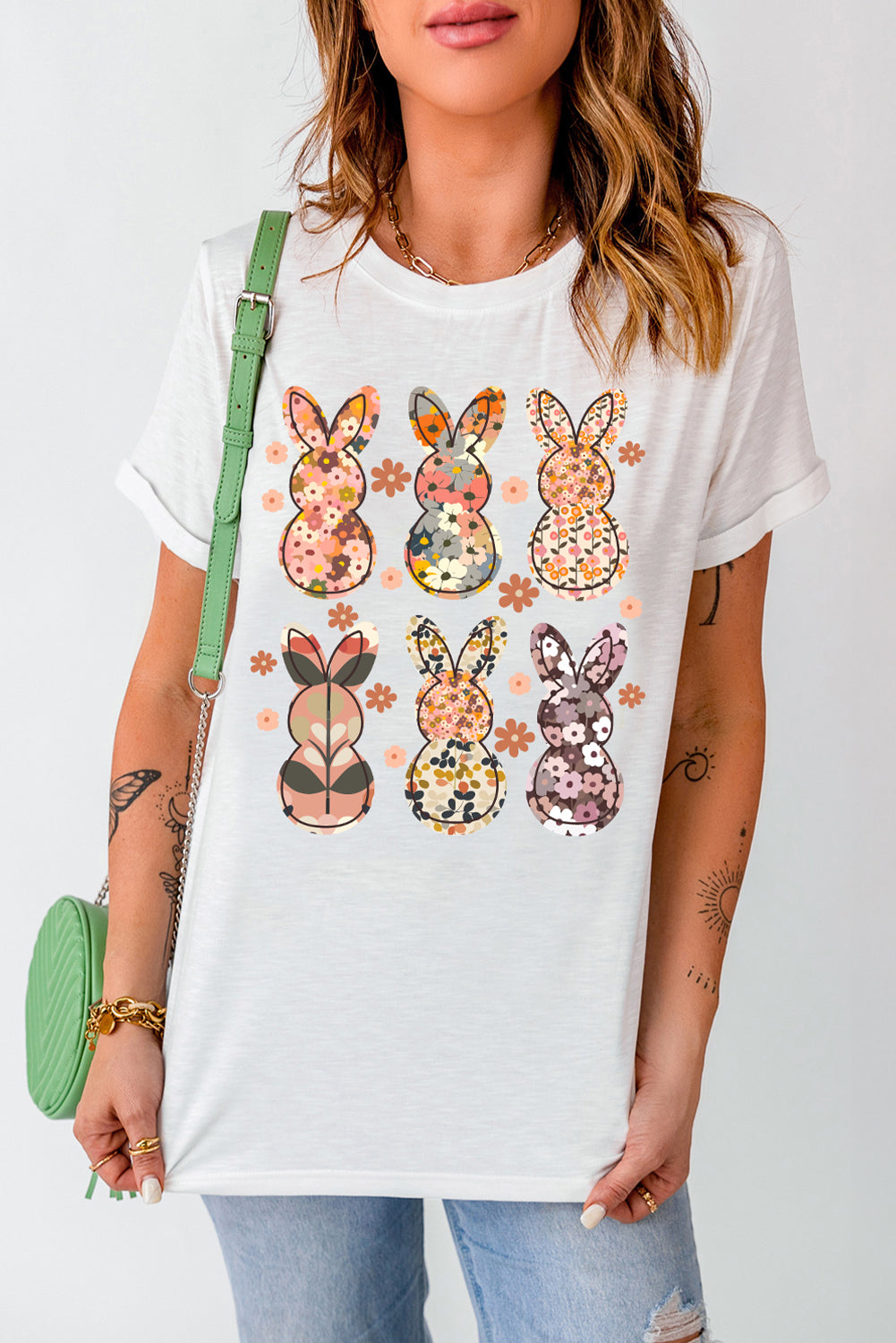 White Floral Bunny Graphic Crewneck Easter Fashion Tee