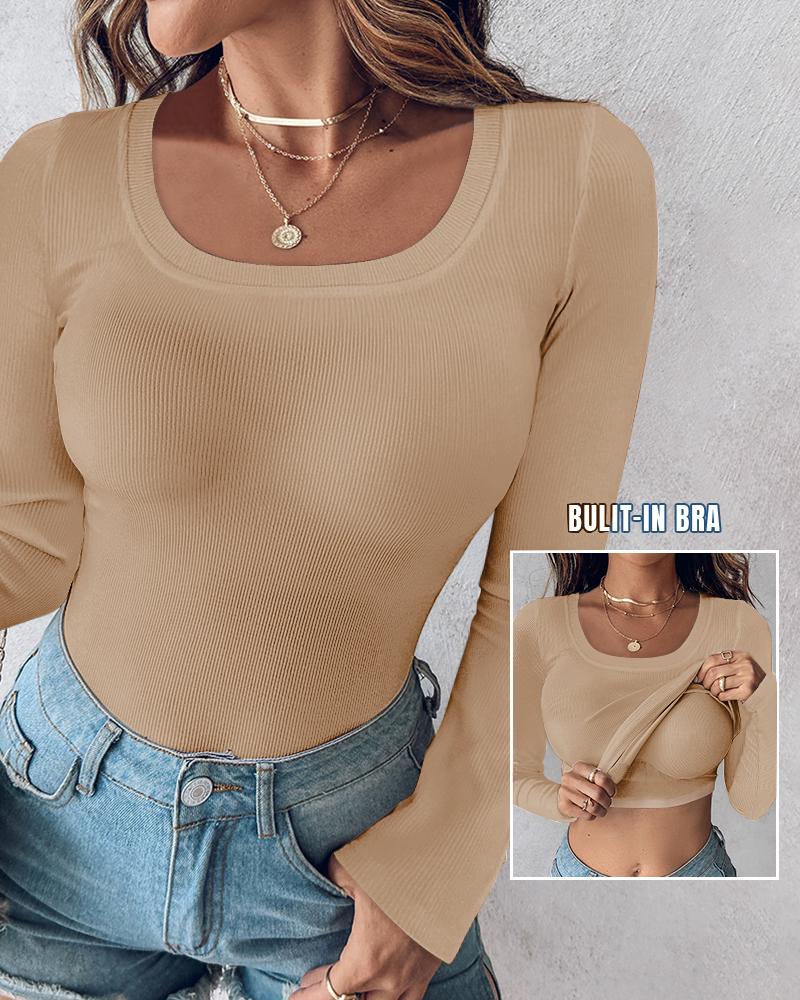 U Neck Long Sleeve Built In Bra Shirt Casual Seamless Slim Fit Top