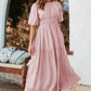 Pink Puff Sleeve Pleated High Waist Flowy Long Dress