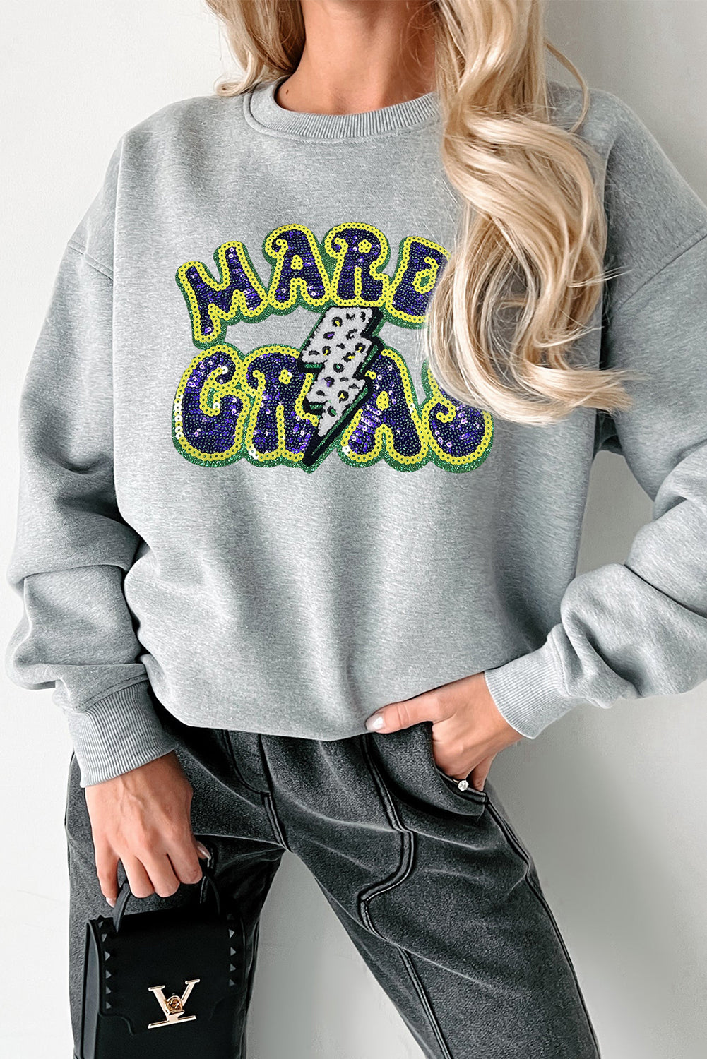 Gray Sequin Mardi Gras Lightening Graphic Pullover Sweatshirt