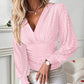 V Neck Eyelet Hollow out Ruched Lantern Sleeve Tee Casual Top