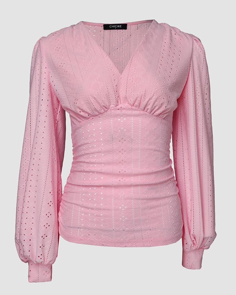 V Neck Eyelet Hollow out Ruched Lantern Sleeve Tee Casual Top