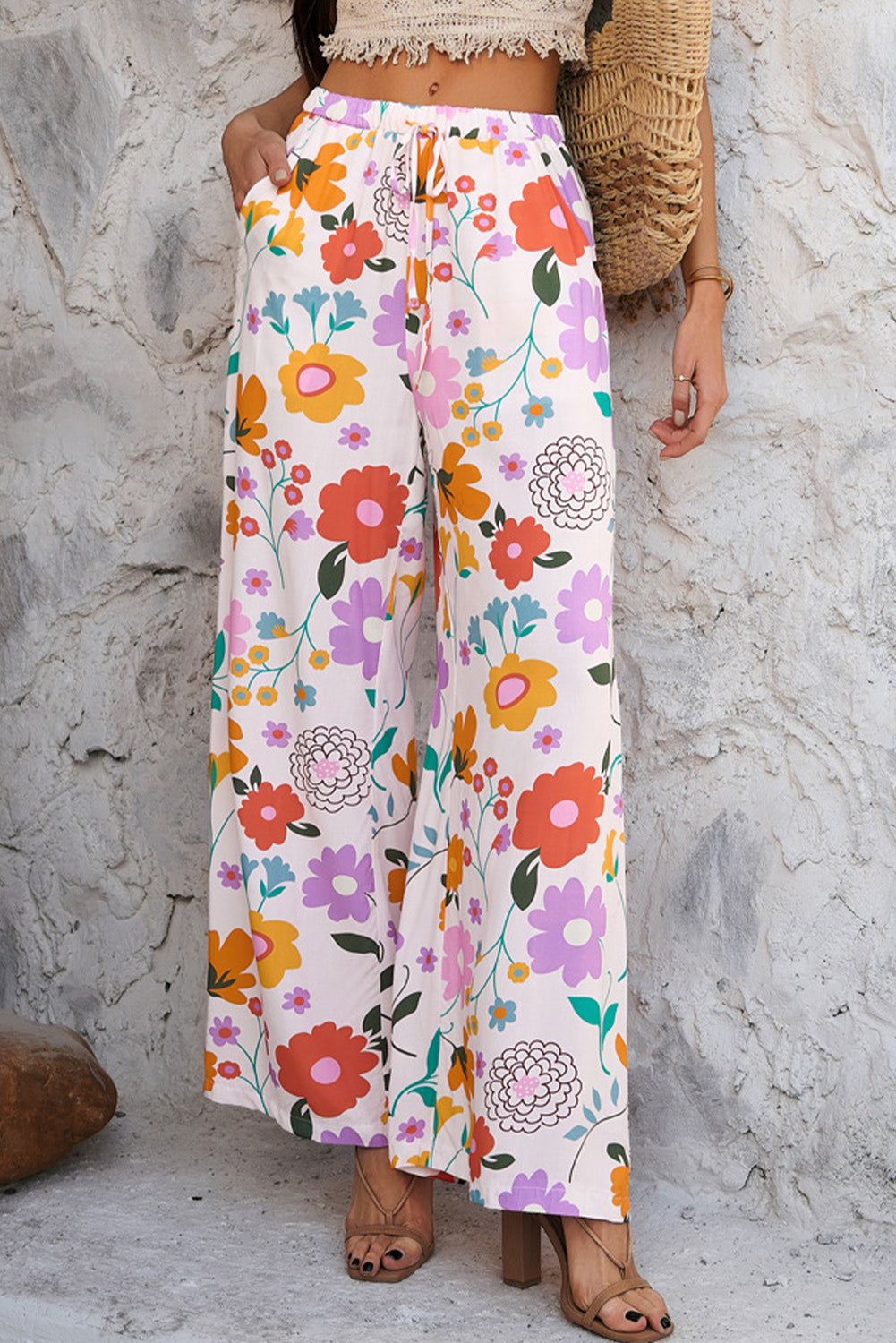 Pink Boho Print Wide Leg High Waist Casual Pants
