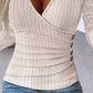 Textured Buttoned V Neck Long Sleeve Top