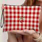 Fiery Red Cherry Plaid Print Wristlet Zipper Canvas Makeup Bag