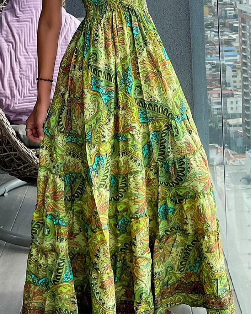 Paisley Print Shirred Short Sleeve Dress