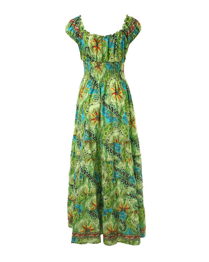 Paisley Print Shirred Short Sleeve Dress