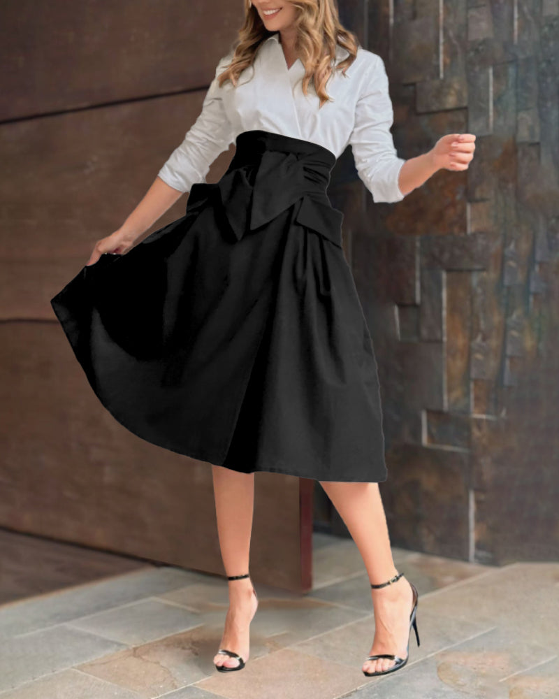 Colorblock Turn down Collar Long Sleeve Shirt Dress Casual Tied Detail Pocket Design Dress