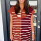 Brown Stripe Color Block Quarter Zip Collar Short Sleeve Sweater Dress