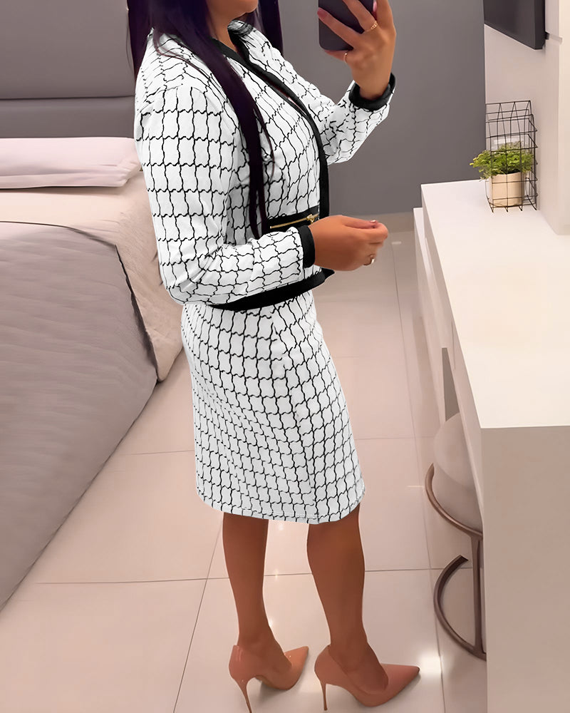 2 Pieces Outfit Plaid Print Open Front Contrast Paneled Multi Zipper Decor Crop Coat and High Waist Slim Fit Skirt Set