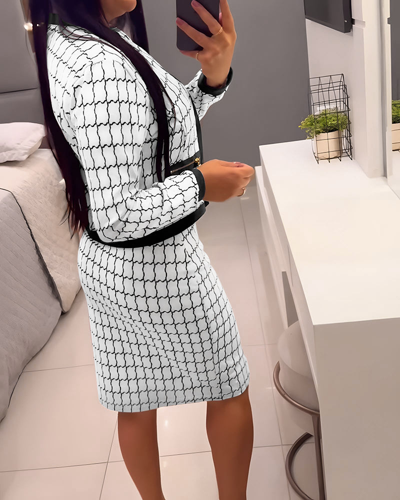 2 Pieces Outfit Plaid Print Open Front Contrast Paneled Multi Zipper Decor Crop Coat and High Waist Slim Fit Skirt Set