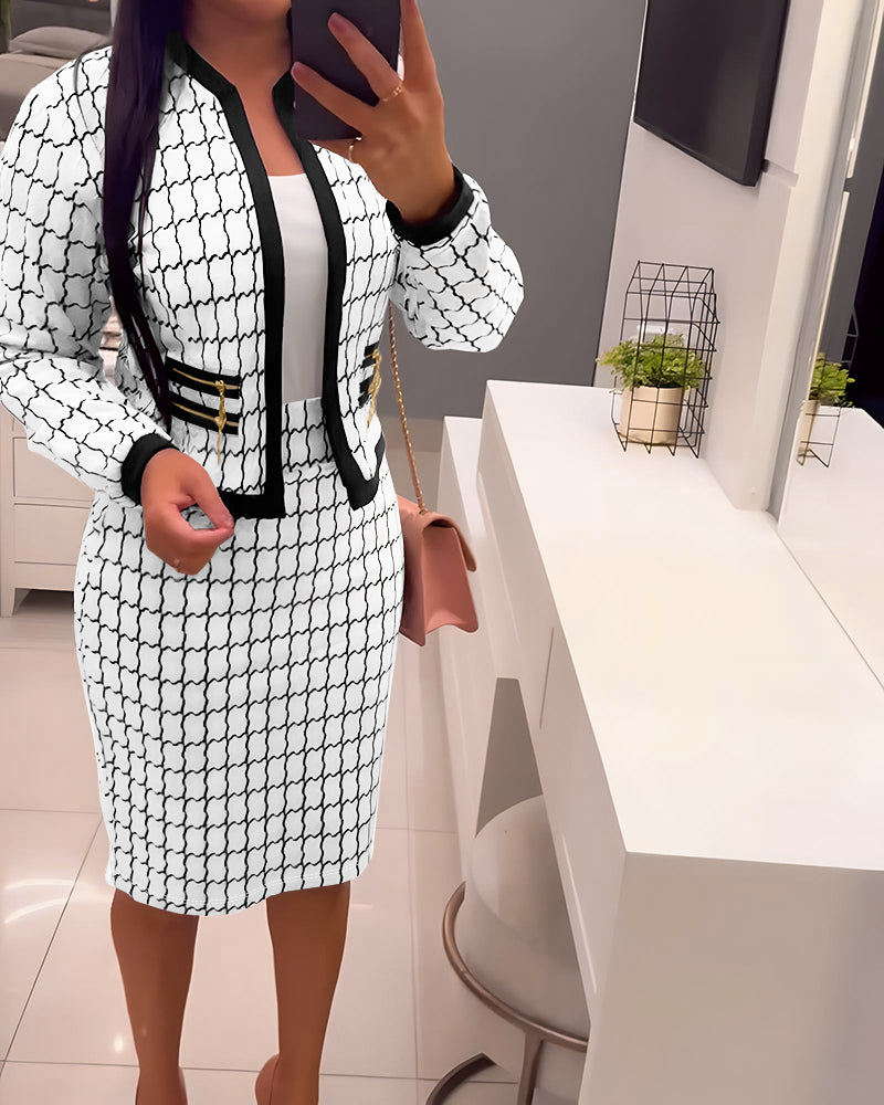 2 Pieces Outfit Plaid Print Open Front Contrast Paneled Multi Zipper Decor Crop Coat and High Waist Slim Fit Skirt Set