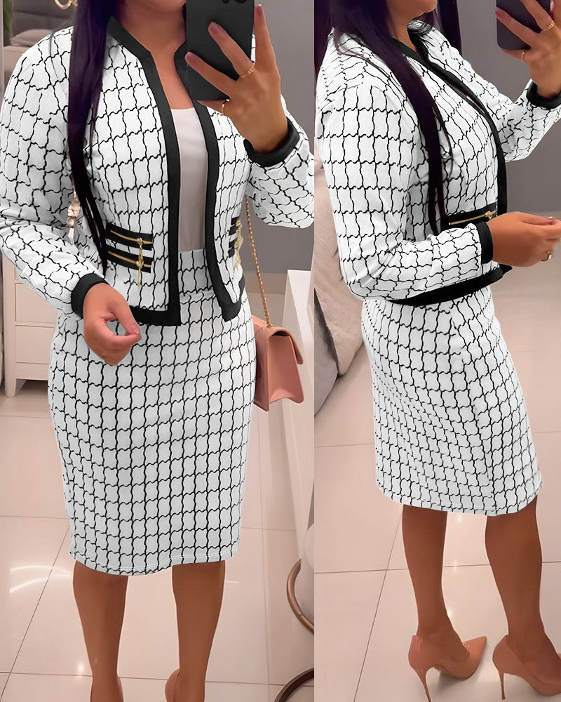 2 Pieces Outfit Plaid Print Open Front Contrast Paneled Multi Zipper Decor Crop Coat and High Waist Slim Fit Skirt Set