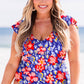 Blue Floral Print Ruffled V Neck High Waist One Piece Swimwear