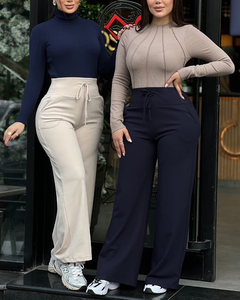 High Waist Drawstring Elastic Waist Wide Leg Casual Pants