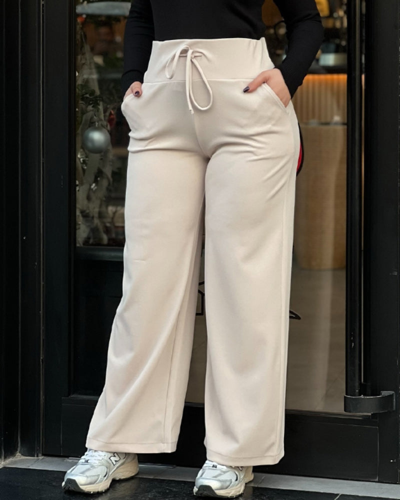 High Waist Drawstring Elastic Waist Wide Leg Casual Pants