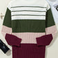 Green Color Block Striped Buttoned Shoulder Split Sweater