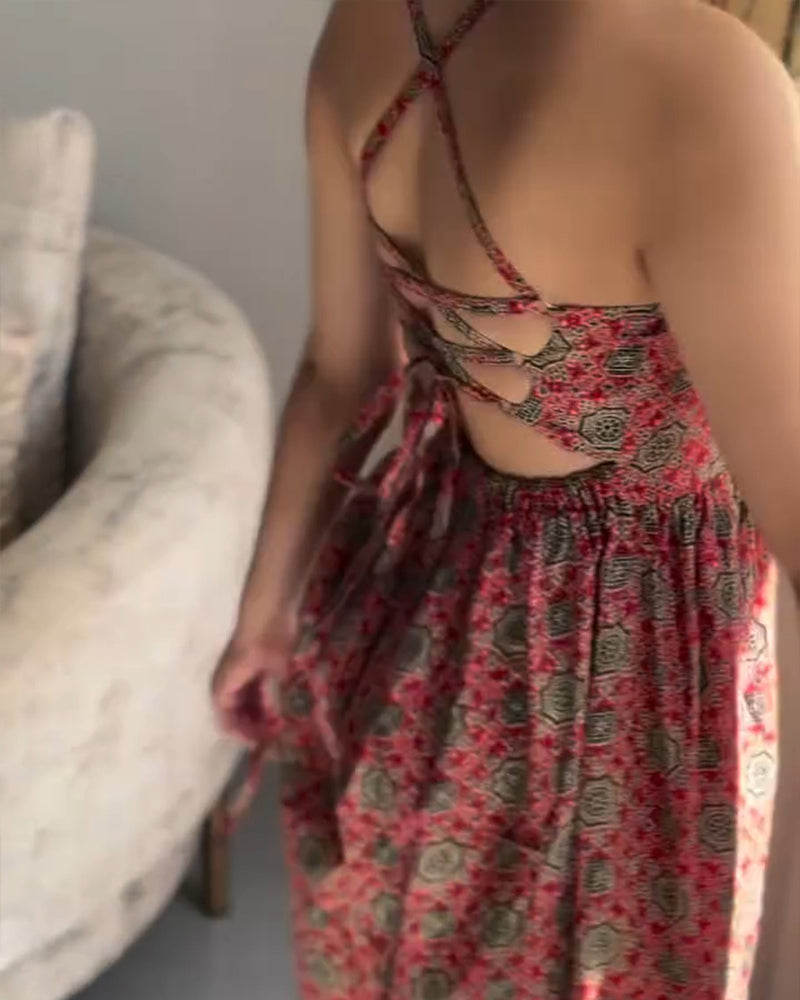 Vintage Tribal Print Halter Tied Detail Jumpsuit Casual Drawstring Loose Romper