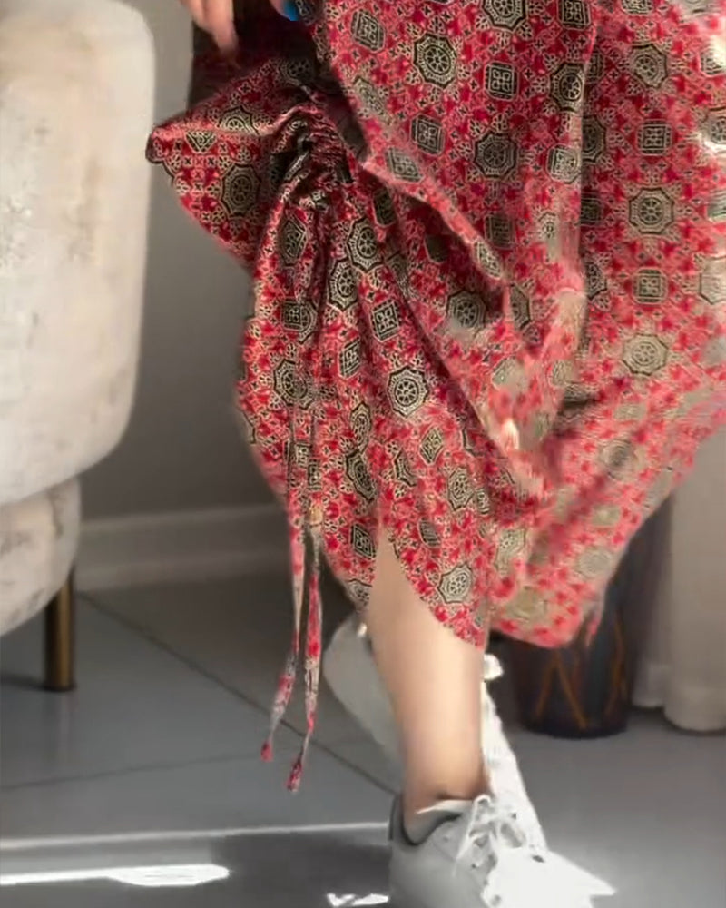 Vintage Tribal Print Halter Tied Detail Jumpsuit Casual Drawstring Loose Romper